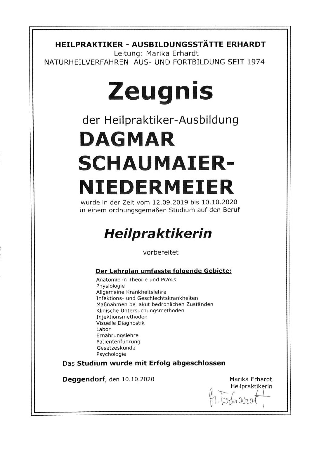 Zeugnis der Heilpraktiker-Ausbildung, Ausbildungsstätte Erhardt
