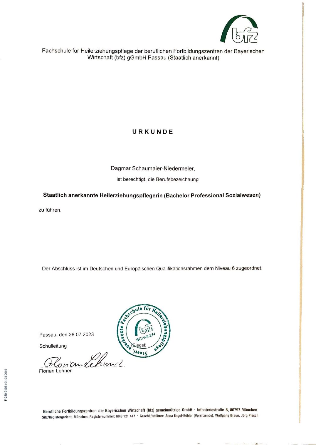 Urkunde Heilerziehungspflegerin, bfz Passau
